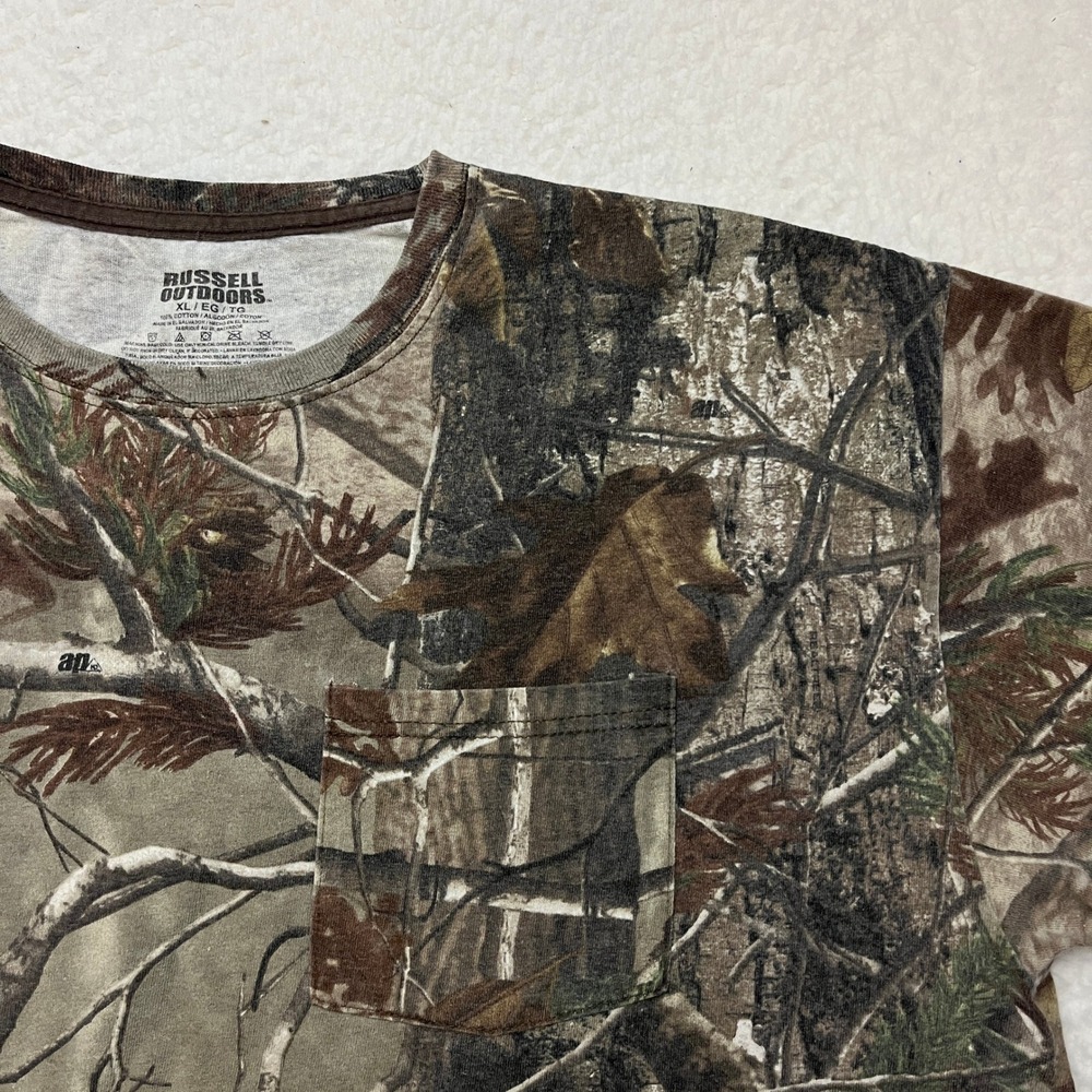 Russell Outdoors T-Shirt Mens XL Brown AP Camo Pocket Tee Hunting Gorpcore 4935